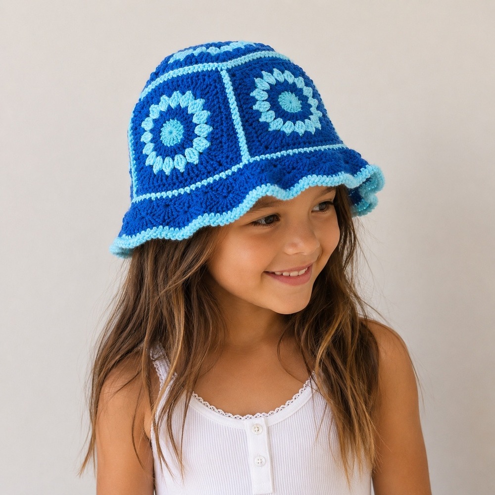 Handmade Blue Crochet Granny Square Bucket Hat Floral Sunburst Ruffle Brim